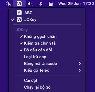 Menu JOKey trên thanh menu sau khi cài đặt