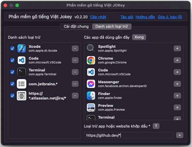 Danh sách app gần đây