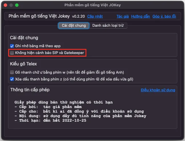 Tùy chọn ẩn cảnh báo SIP và Gatekeeper