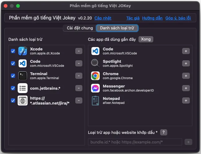 Danh sách loại trừ app và website