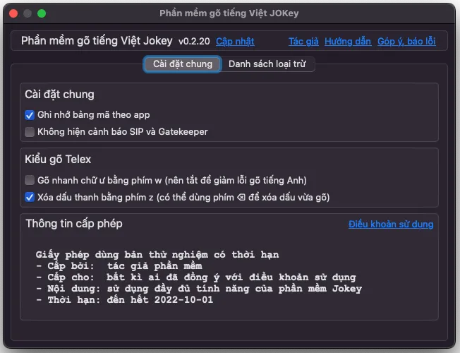 Cửa sổ Cài đặt của JOKey