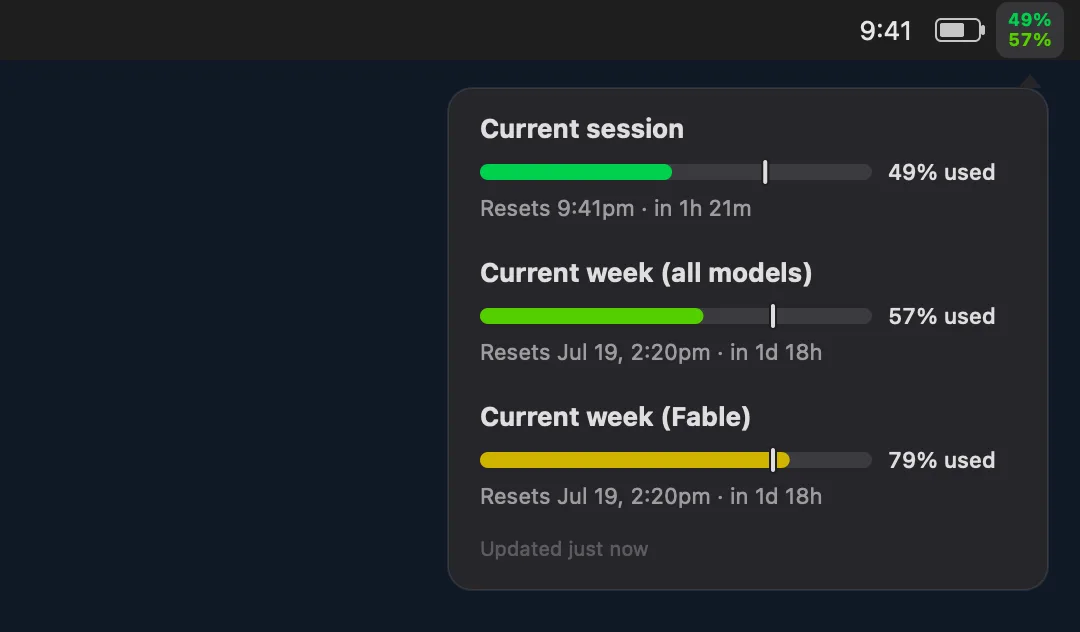 Claude Usage Stats panel showing current session and weekly usage bars with reset times