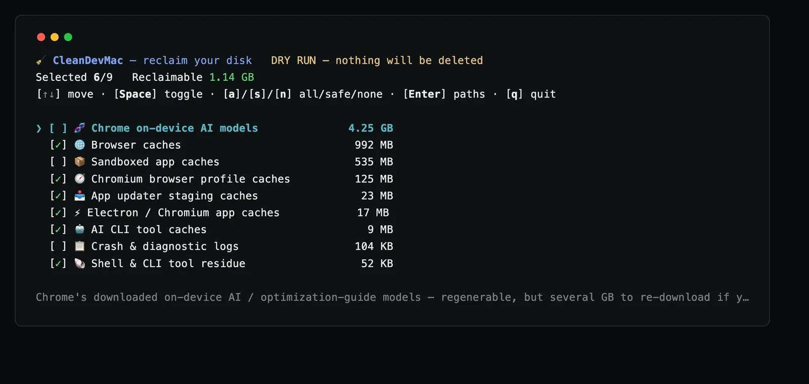 CleanDevMac dry run listing browser caches, app caches and other items with their sizes