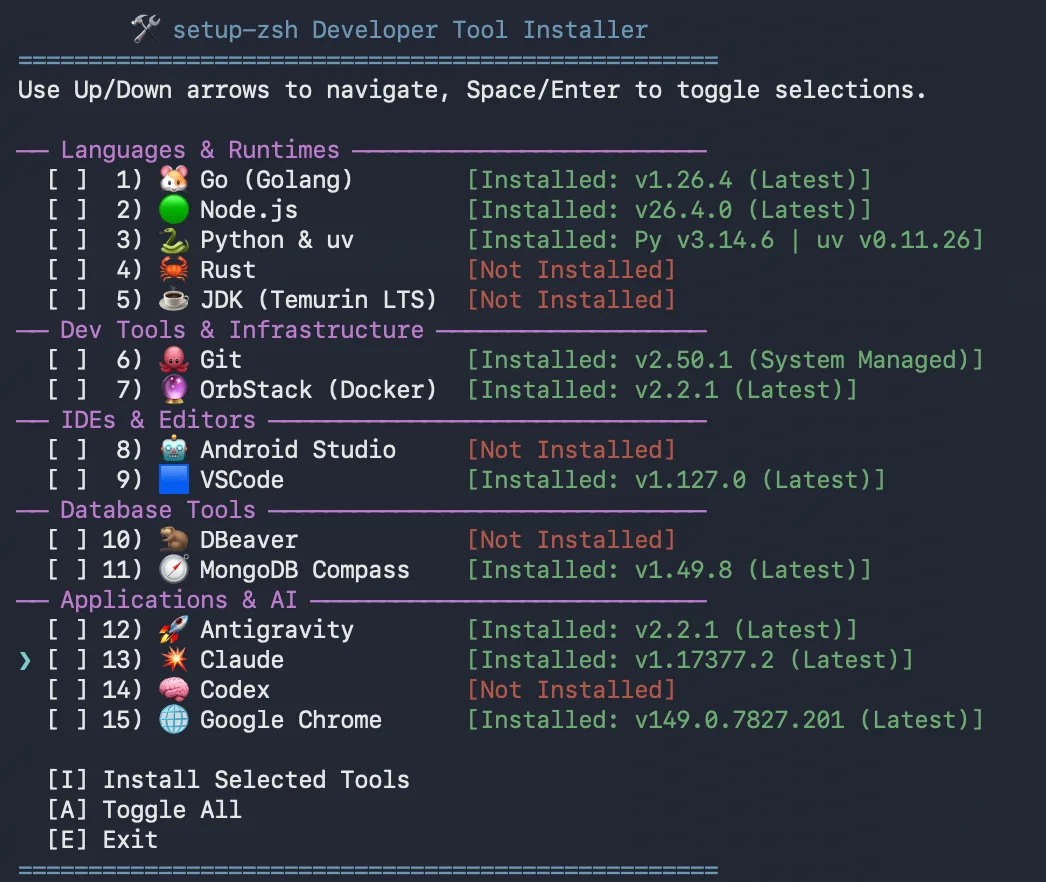 setup-zsh developer tool installer listing languages, IDEs and apps with their installed versions
